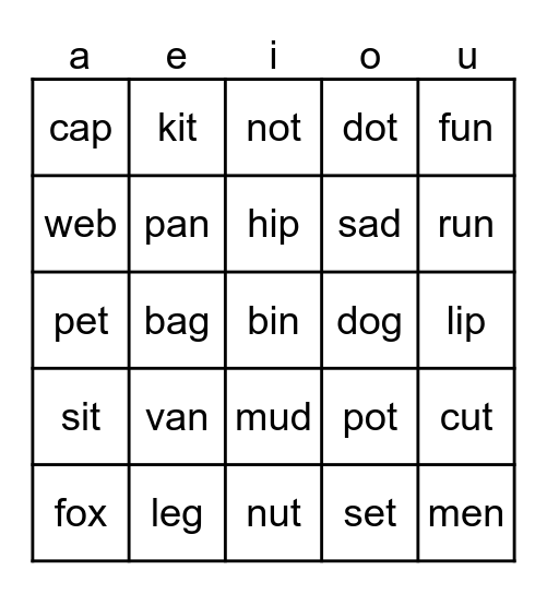 SHORT VOWEL BINGO Card