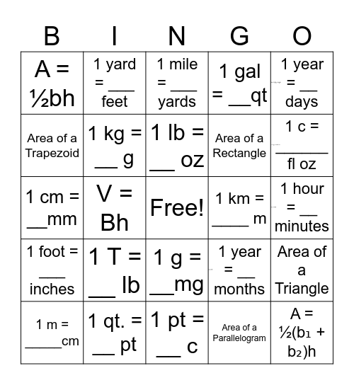 6th grade Math STAAR Reference Chart Bingo Card