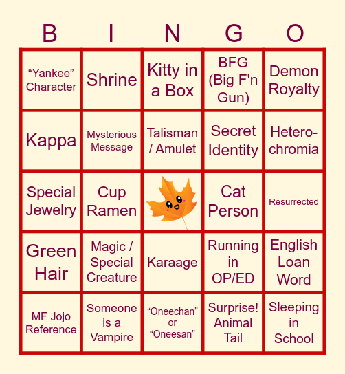 FALL ANIME TROPES Bingo Card