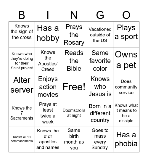 Catholic  Bingo Card