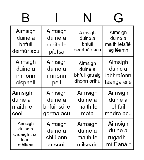 Biongó Aithne a chuir ort! Bingo Card