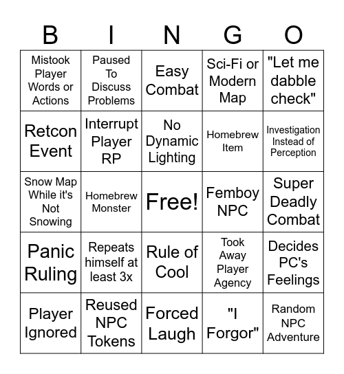 D&D Home Game Bingo Card