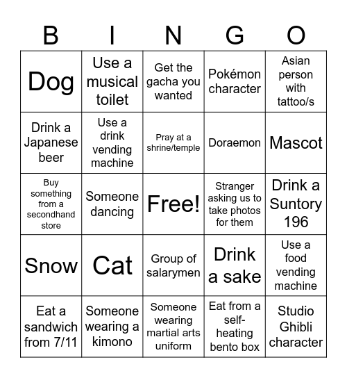 Japan trip BINGO Card