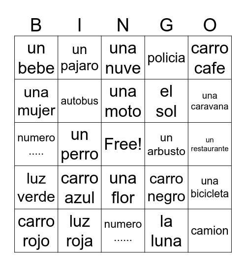 BINGO para el carro Bingo Card