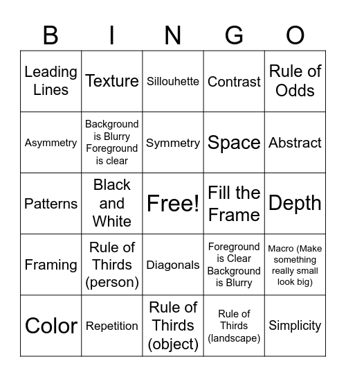 Photography Bingo Card