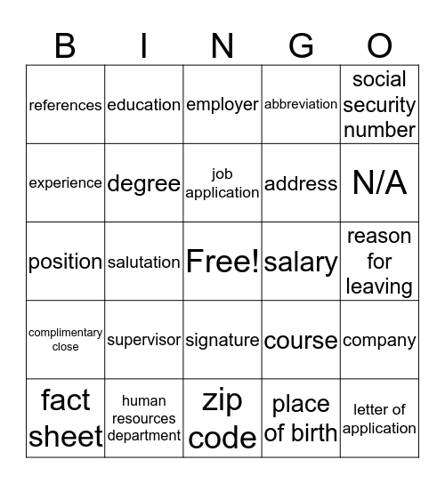 Job Application Bingo Card