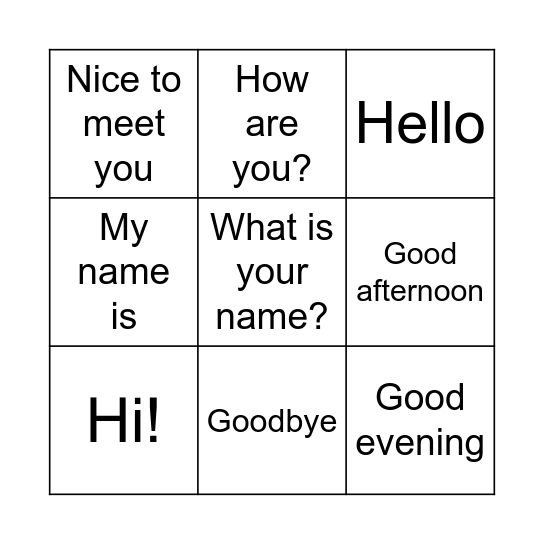 Greetings Bingo Card
