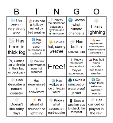 Weather Bingo - Find someone who Bingo Card