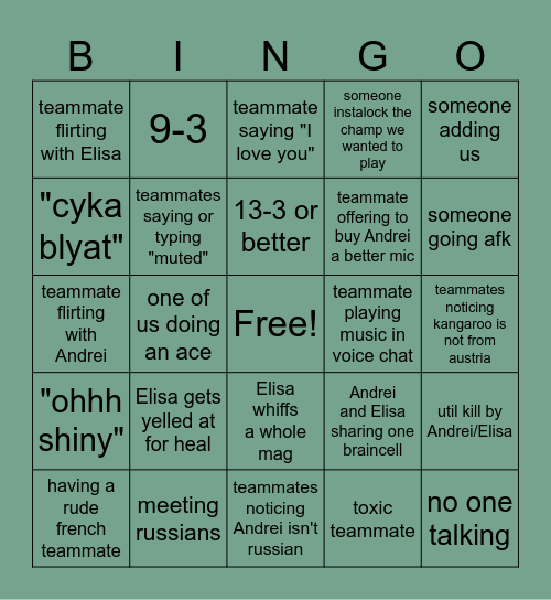 Swift with A and E Bingo Card