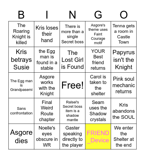 DELTARUNE Chapter 5 prediction Bingo Card