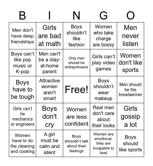 Gender Stereotype Bingo Card