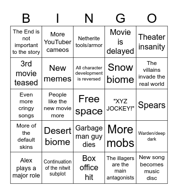 Minecraft Movie 2 Bingo Card