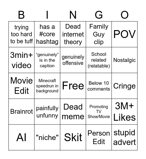 TikTok vs YouTube Bingo Card
