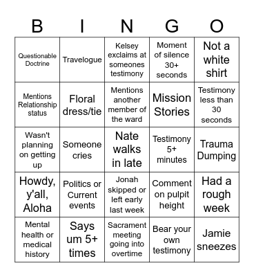 Geriatric YSA Bingo Card