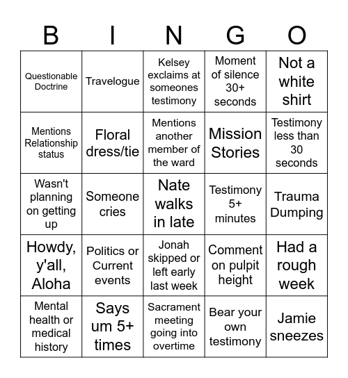 Geriatric YSA Bingo Card