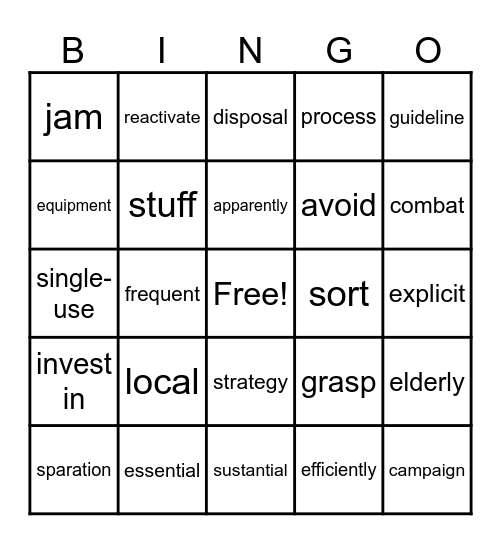 U2 Vocabulary Bingo Card