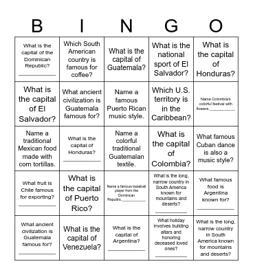 Latin Fiesta Bingo Card