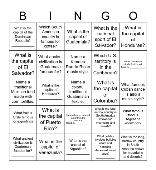 Latin Fiesta Bingo Card