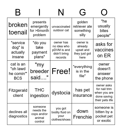 emergency vetmed bingo Card