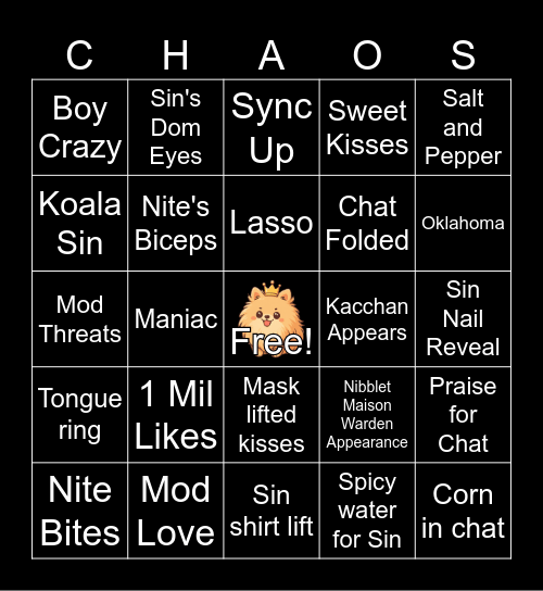 SinNite's Chaos Cards Bingo Card