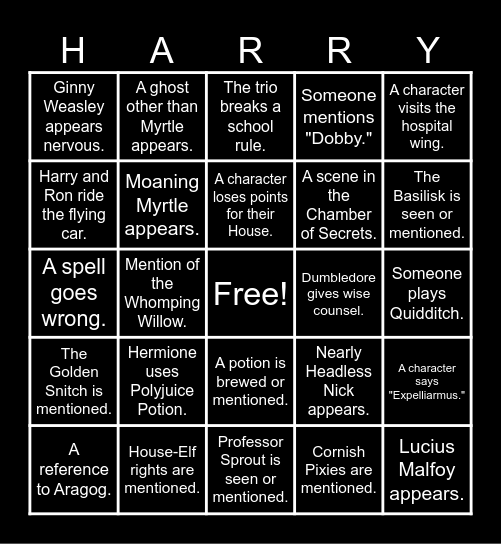 CHAMBER OF SECRETS Bingo Card