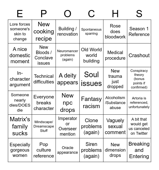 Epoch Expedition Bingo 2 Bingo Card
