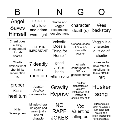 Hazbin s2 wish list Bingo Card