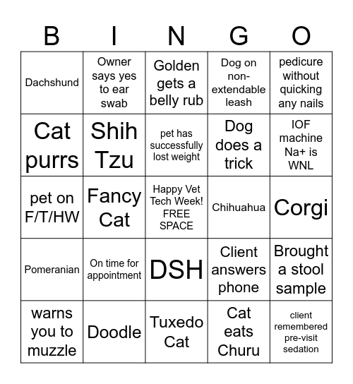 Newton Vet Tech Week Bingo Card