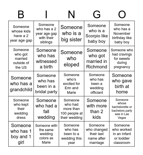 A Baby, A Bride, and Bingo! Bingo Card