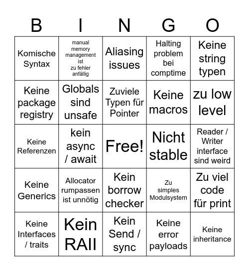 Zig complaints Bingo Card