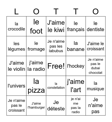 likes dislikes j'aime je n'aime pas nouns Bingo Card