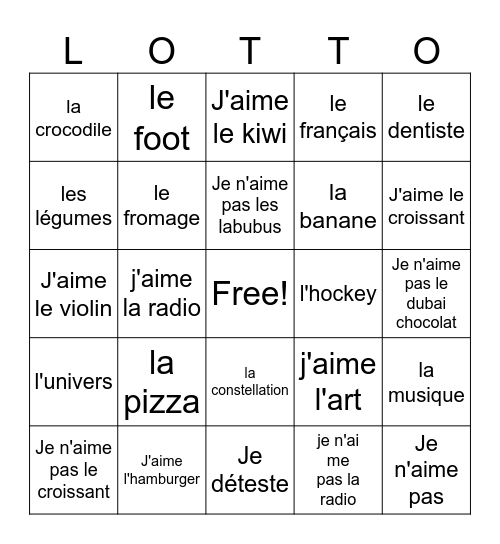 likes dislikes j'aime je n'aime pas nouns Bingo Card