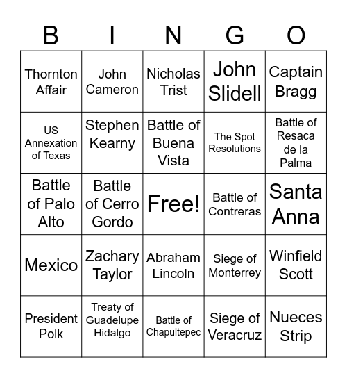 Mexican War Bingo Card