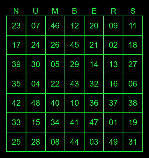 Numbers Bingo Card