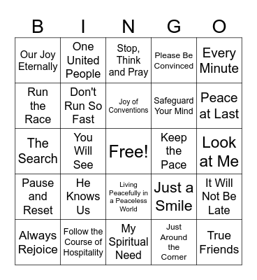 JW Original Songs Musical Bingo Card