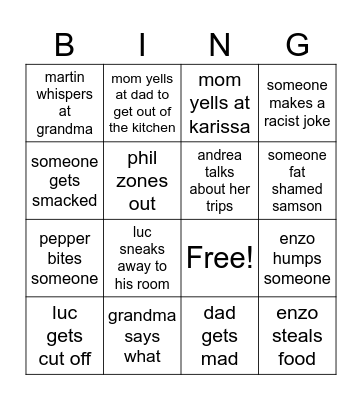 family bingo Card