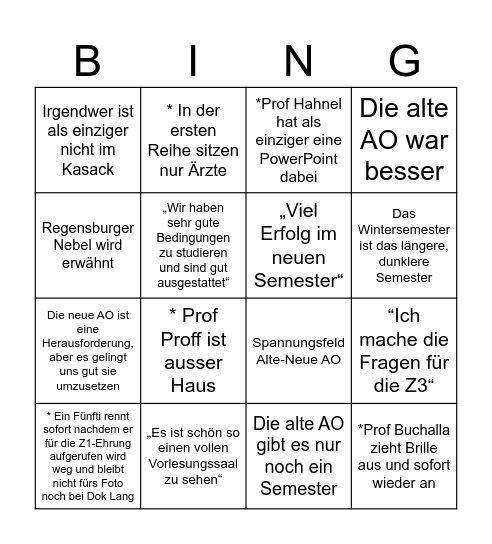Semesteropening Bingo Card
