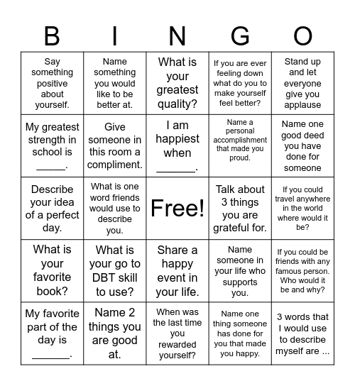 Self-Esteem Bingo! Bingo Card