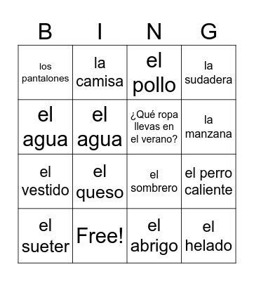 La comida/ ropa Bingo Card
