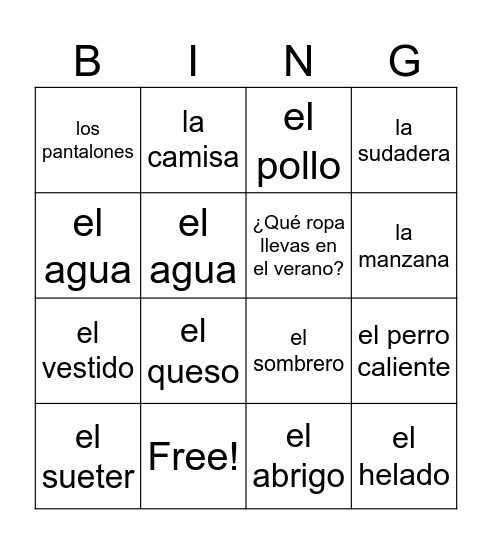 La comida/ ropa Bingo Card