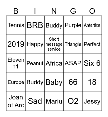 Random Category Bingo Card