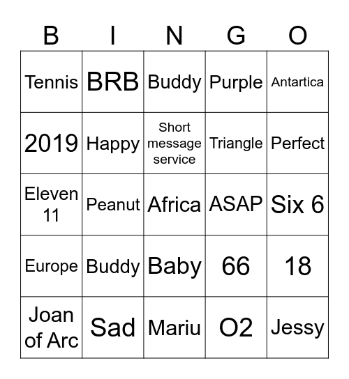 Random Category Bingo Card