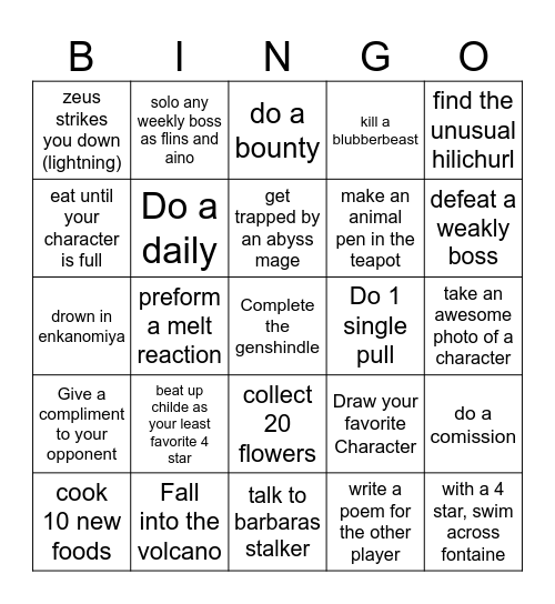 genshin race Bingo Card