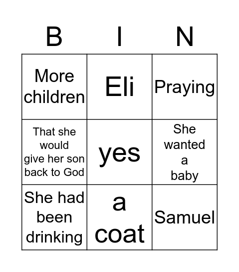 Hannah's   Prayer Bingo Card