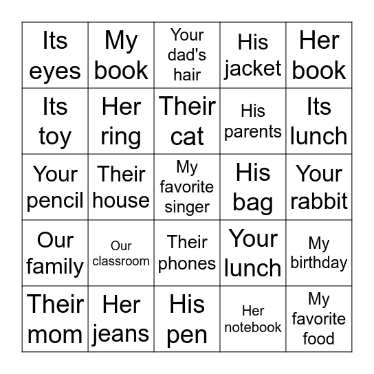 Possessive Adjectives Bingo Card