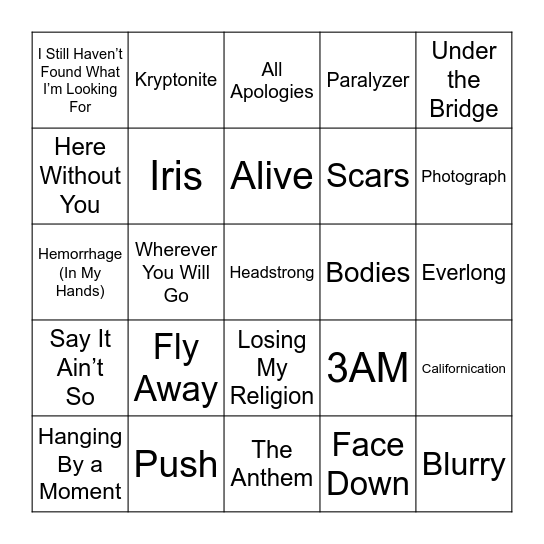 Divorced Dad Rock Bingo Card