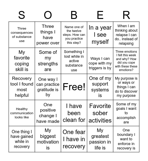 Recovery Bingo Card