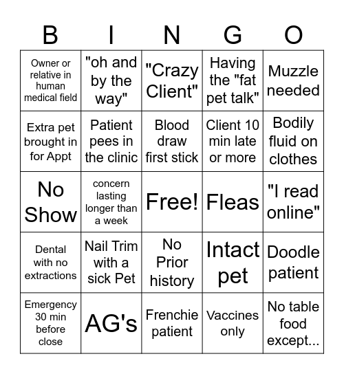 Vet Tech Bingo! Bingo Card