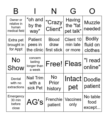 Vet Tech Bingo! Bingo Card