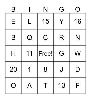 ALPHABET AND NUMBERS Bingo Card
